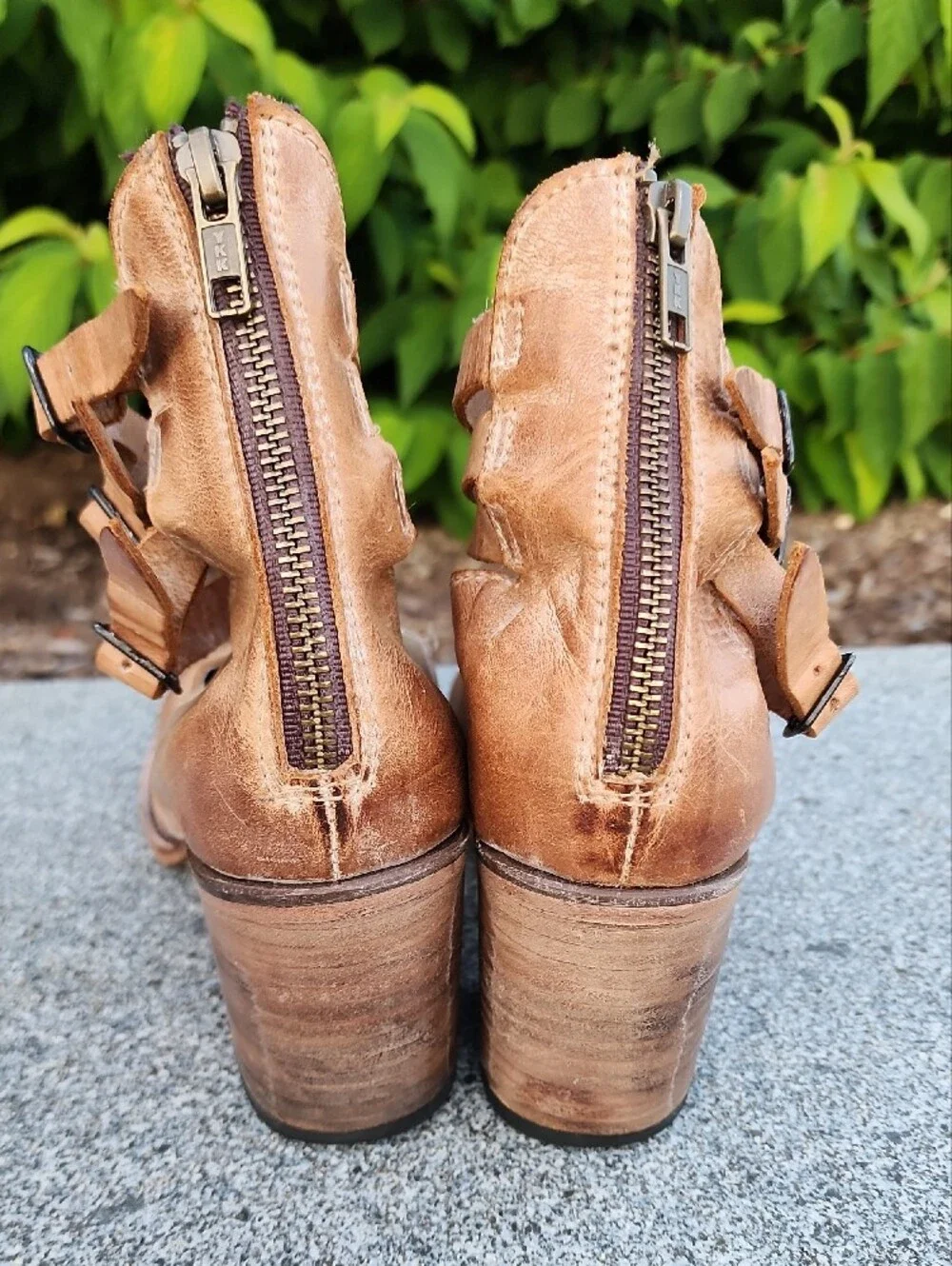 Freebird By Steven Randi Tan  Leather Block Closed Toe Pumps Triple Ankle Straps